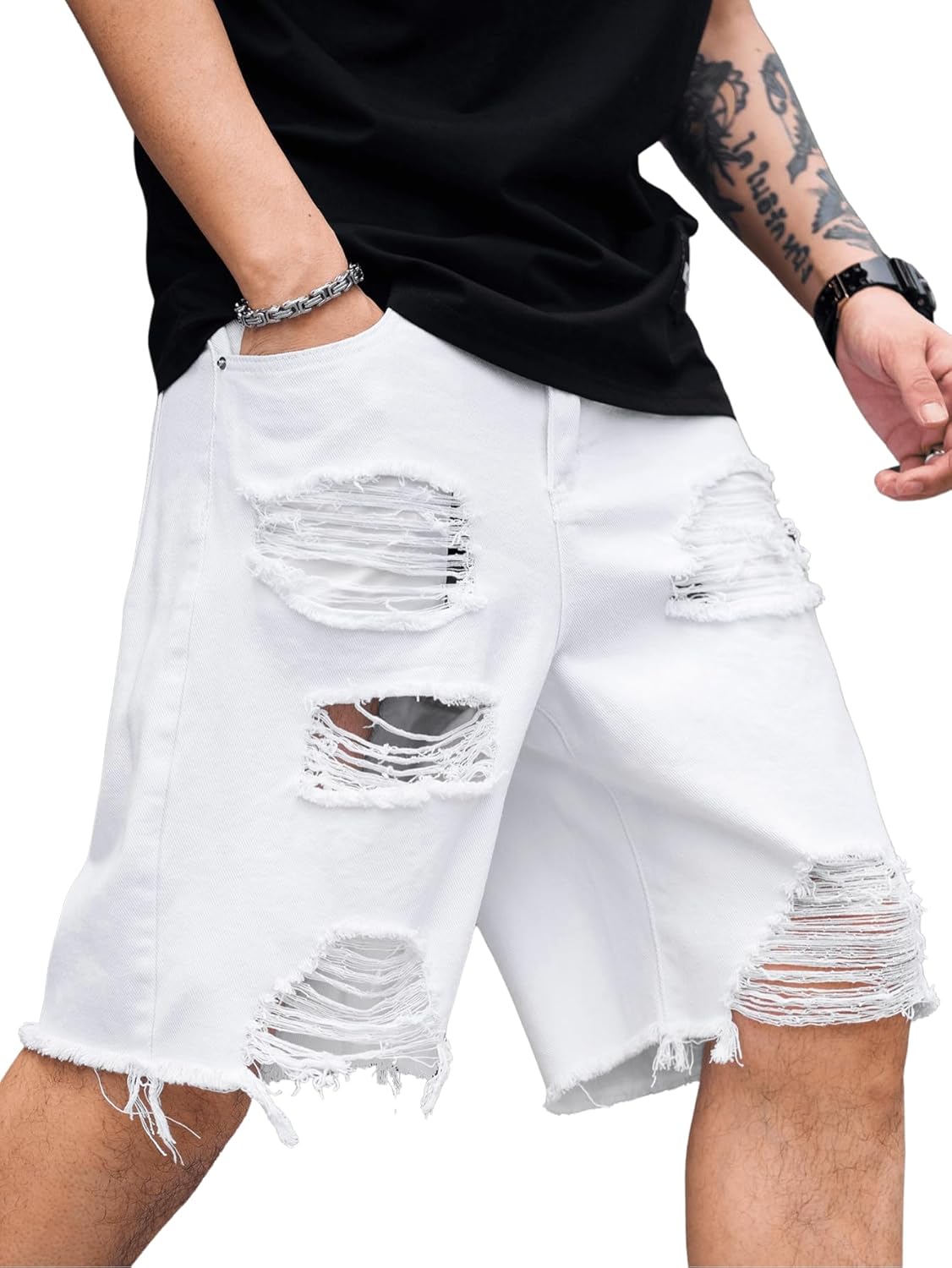 Verdusa Men's Ripped Bermuda Denim Shorts Straight Leg Jean Jorts with Pockets