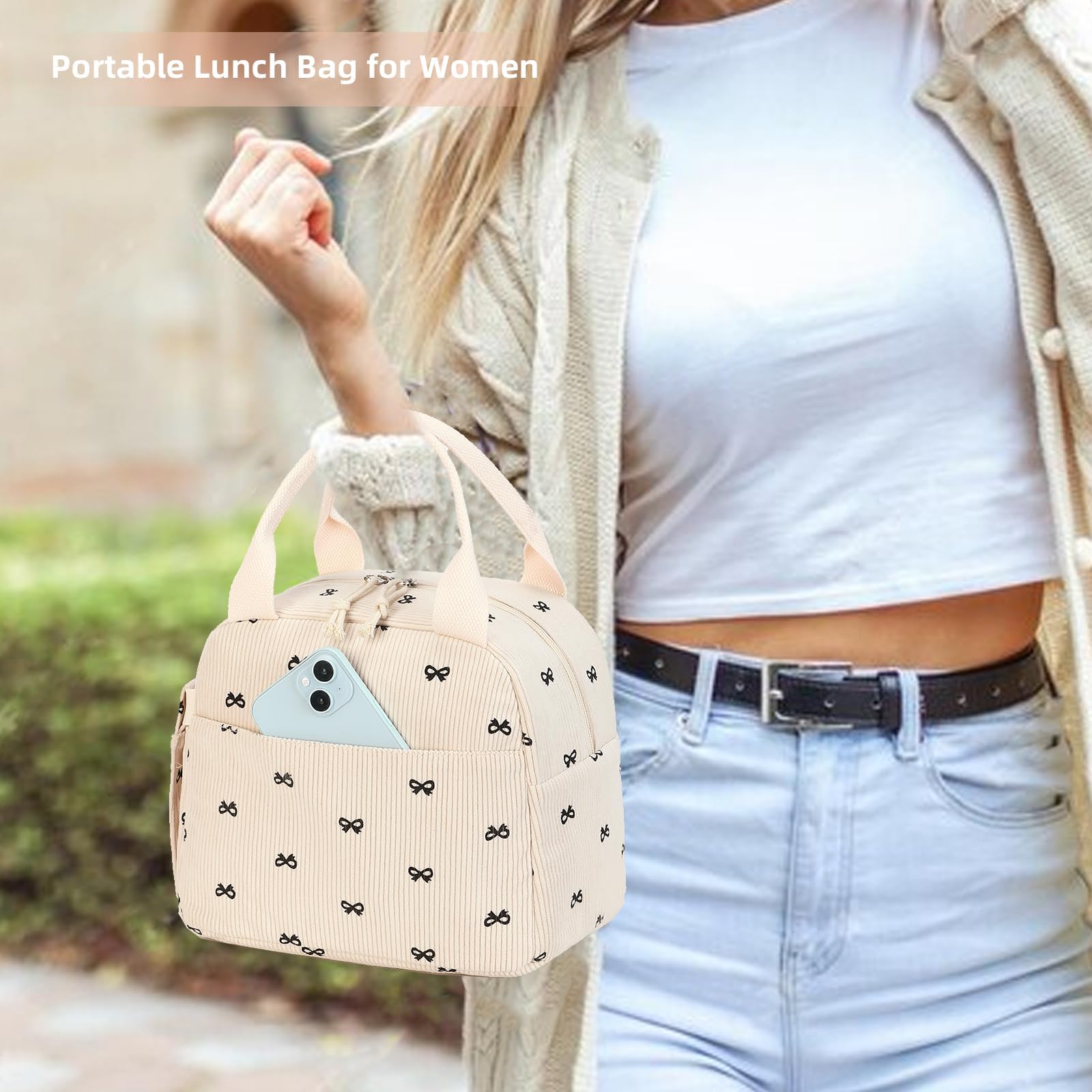 LEDAOU Lunch Box for Women Insulated Lunch Bag Corduroy Lunch Tote Bags Leakproof Cooler Lunch Case for Travel Work Picnic