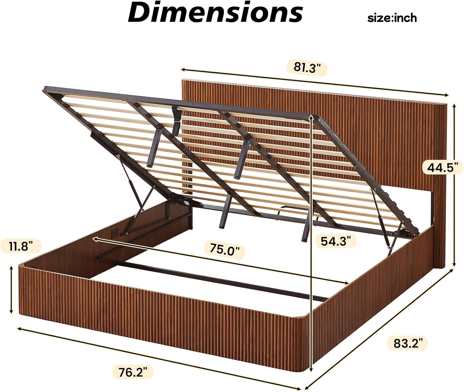 Bellemave King Lift Up Storage Bed, Walnut Wood Lift Up Bedframe King, Wooden Corrugated Curved Lines, Hydraulic Storage,Walnut