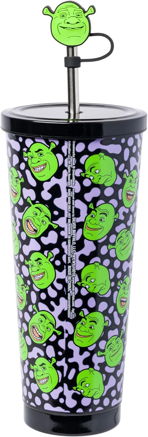 Silver Buffalo Shrek It Out Toss Face 24oz Stainless Steel Tumbler with Straw Cover Cap and Lid - Image 2