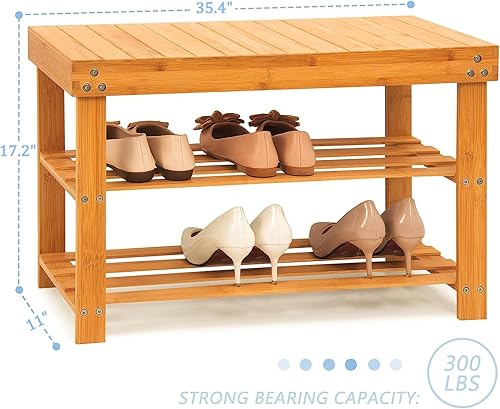 Miniatura 2 de Zapatero de bambú de 35.4 pulgadas de largo para entrada, organizador de zapatos de madera de 3 niveles o banco de baño, soporta hasta 300 libras,