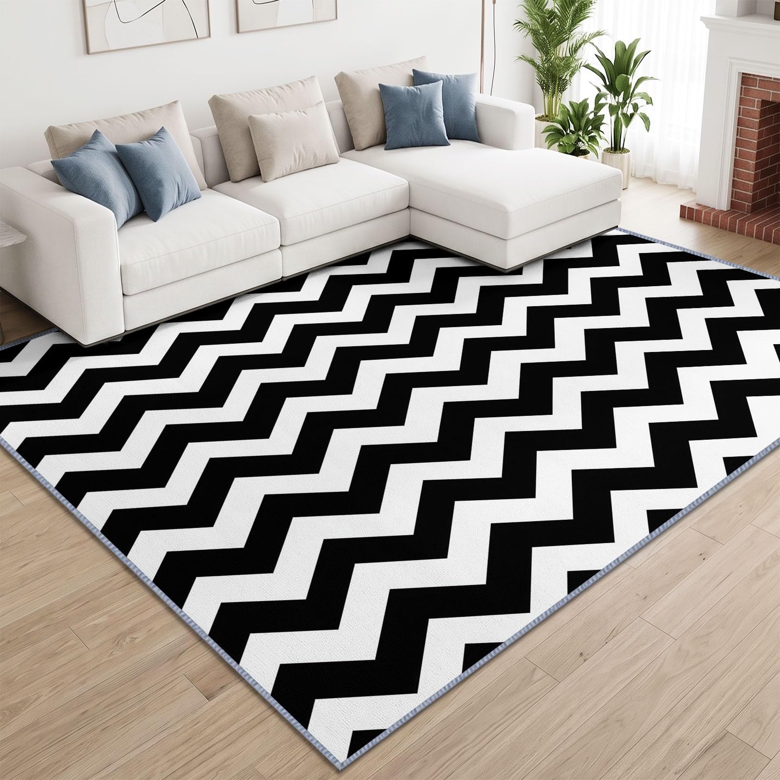 Tapis de Salon 100 x 160 cm Rayures Horizontales Noir Blanc Tapis de Chambre, Doux et Antidérapant Médiéval Géométrique Lavable en Machine Paillasson pour Salon Cuisine Couloir et Décoration Maison