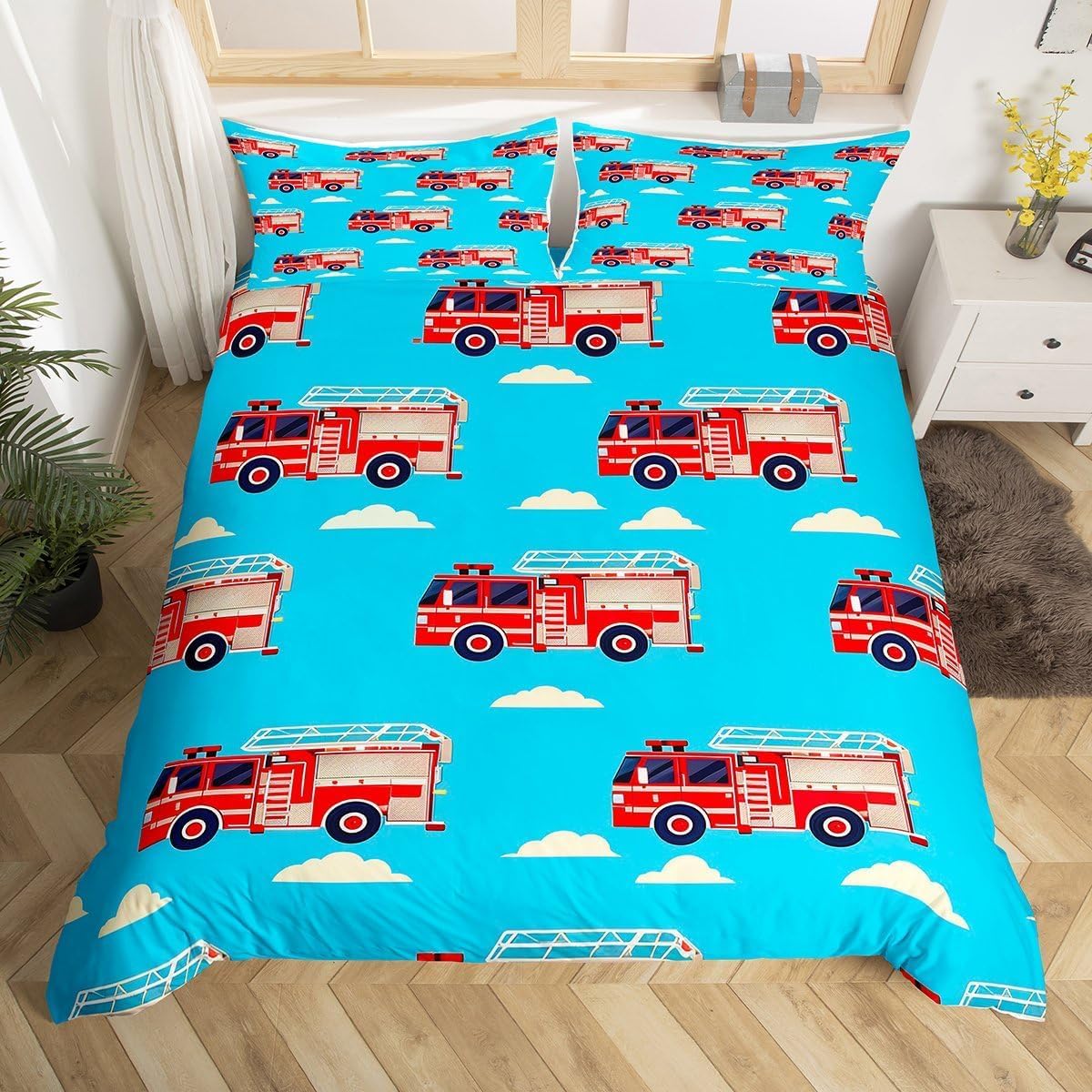 Housse couette camion pompiers grand lit fini les draps rudes