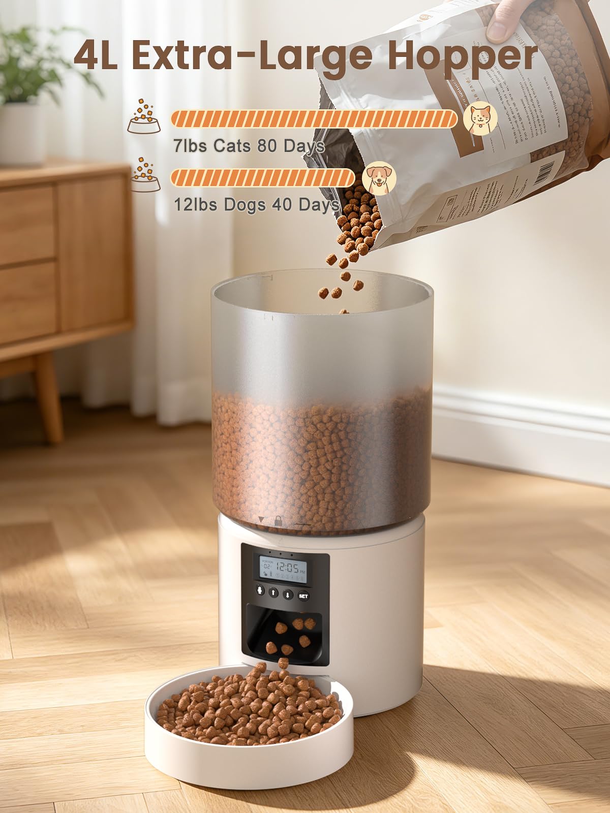 Distributore Automatico Cibo Gatti 4L Dispenser Crocchette Gatto con Timer Programmabile e Schermo LCD Distributore Cibo Gatti con Registrazione Vocale 10s fino a 1-6 Pasti Giornalieri