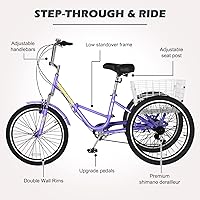 Vista 78 de H&ZT Triciclo para adultos, bicicleta de 3 ruedas, triciclo crucero, con engranaje de 7 velocidades, mango de freno de estacionamiento, escalón