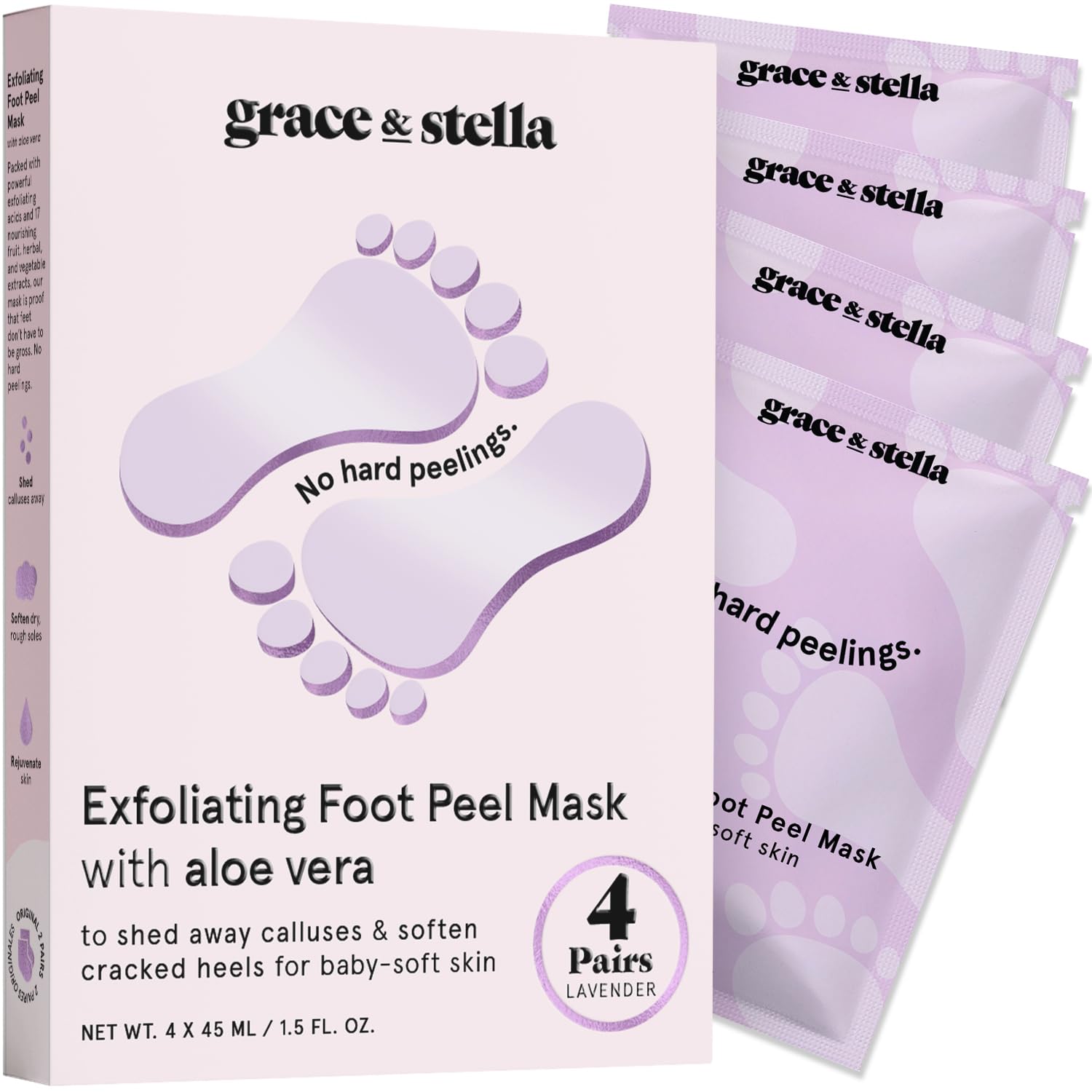 Award-Winning Foot Peel Mask - Foot Peeling Mask with Aloe Vera - Moisturizing Foot Mask for Dry Cracked Feet - Foot Exfoliator for Baby Soft Feet (4 Pairs, Lavender)