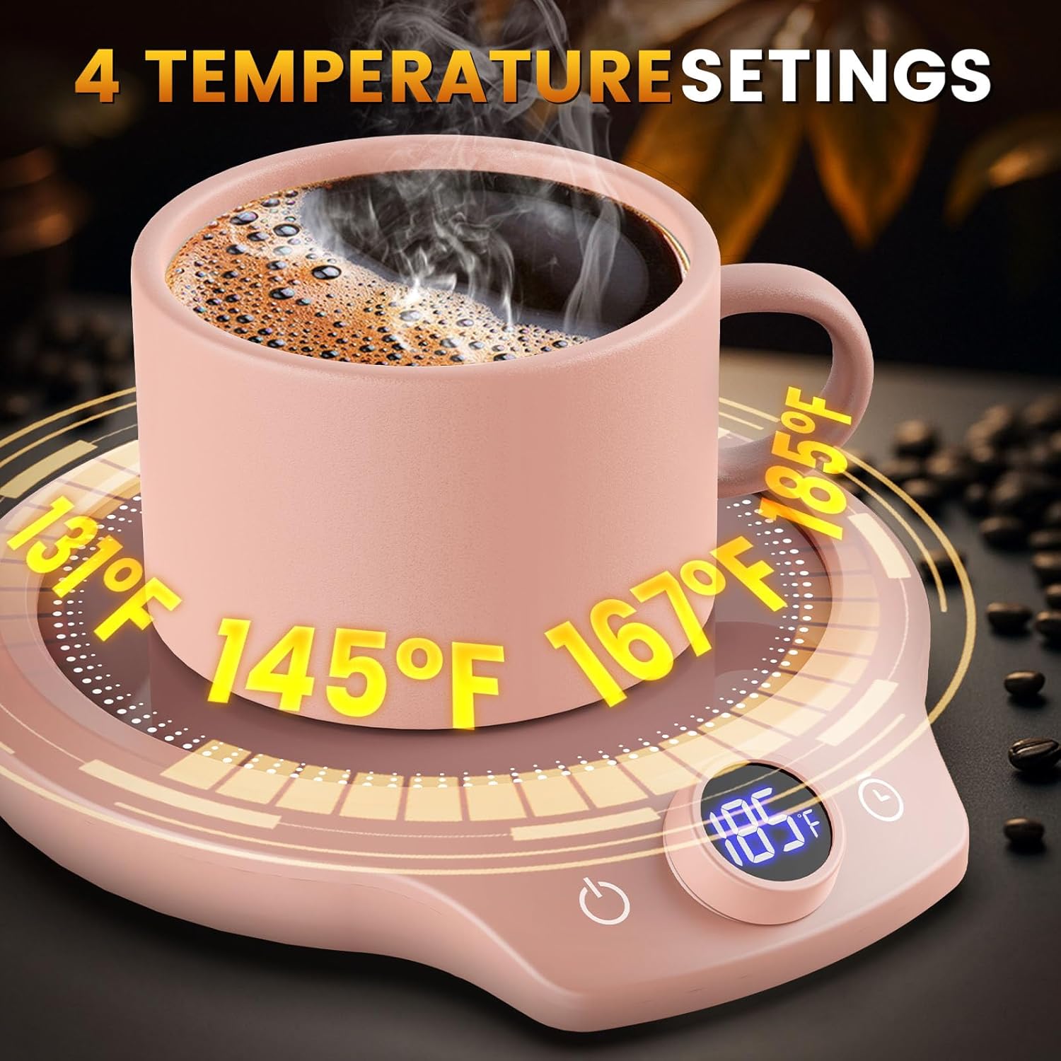 Fast Heating Mug Warmer - 4 Temp Settings & 1-12H Timer, Coffee Cup Warmer Plate for Desk Auto Shut Off, Ideal Beverage Warmer Gift for Coffee, Tea, Milk (Pink)