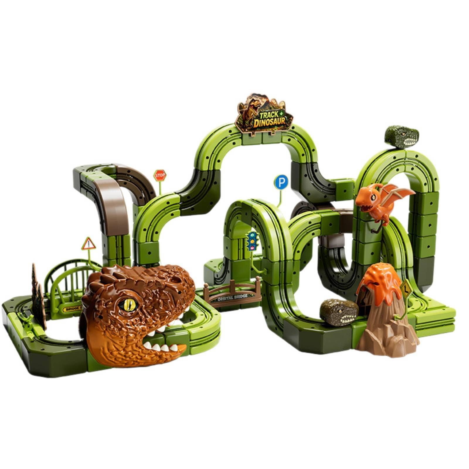 Pista Dinosauri Combinabile, Verde, Grande | Modulare, Flessibile, Pista veicolini con Ponte Sospeso, per Area Giochi
