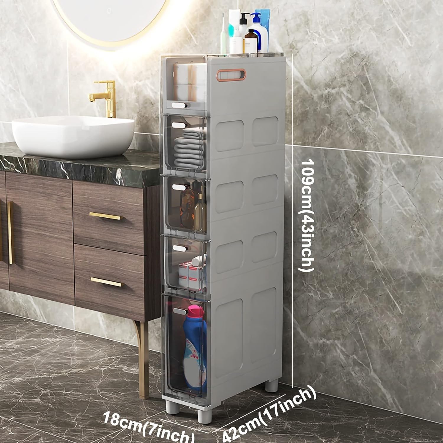 Gabinete de piso Alto y angosto de 5 niveles con cajones transparentes y ruedas, gabinete de Pie de Gran capacidad para espacios pequeños, organizador de almacenamiento p