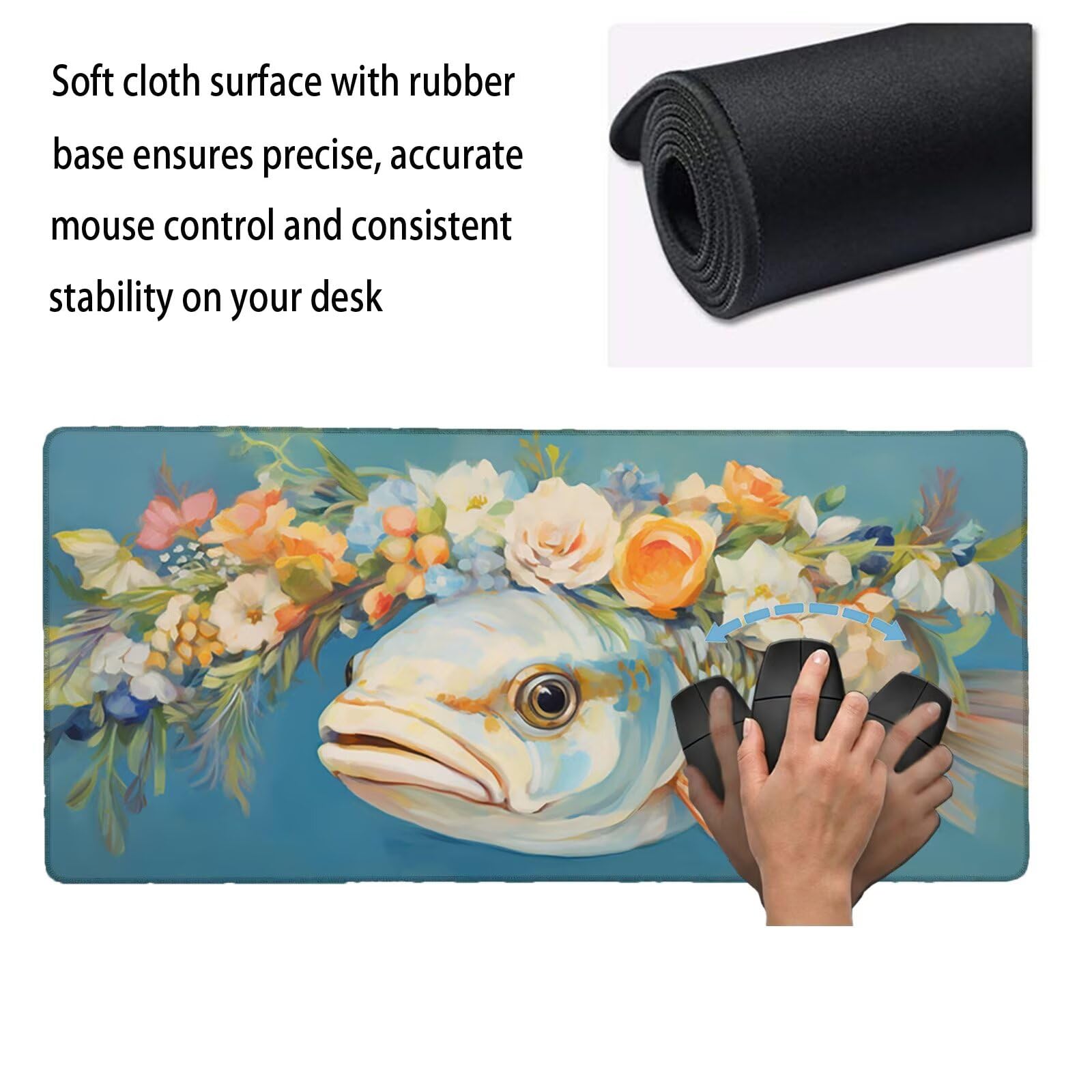 Alfombrilla Ratón XXL 1200 x 600 x 3 mm, Alfombrilla Escritorio, Nórdico Grande Protector de Mesa con Base de Goma Antideslizante y Bordes Cosidos, Impermeable, para Oficina, PC, Gaming (Pez) L-x642