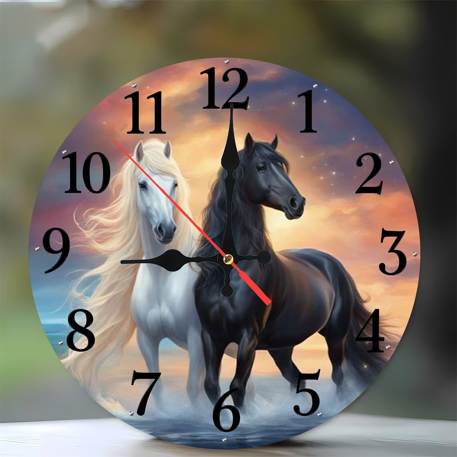 Horloge silencieuse en bois 35 cm avec motif chevaux pour un salon design et sans tic-tac