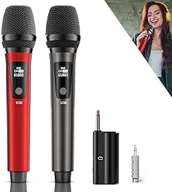 JYX Microfones Sem Fio, Microfone Dinâmico de Mão UHF Duplo com Receptor, Saída 6,35mm (1/4"), Adaptador 3,5mm (1/8"), Alcance de 160 pés, Microfones Metálicos Recarregáveis para Karaokê, Festa, Aula
