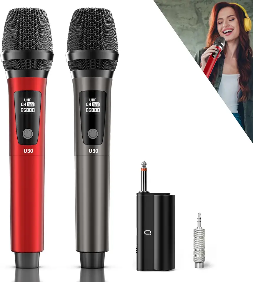 JYX Microfones Sem Fio, Microfone Dinâmico de Mão UHF Duplo com Receptor, Saída 6,35mm (1/4"), Adaptador 3,5mm (1/8"), Alcance de 160 pés, Microfones Metálicos Recarregáveis para Karaokê, Festa, Aula