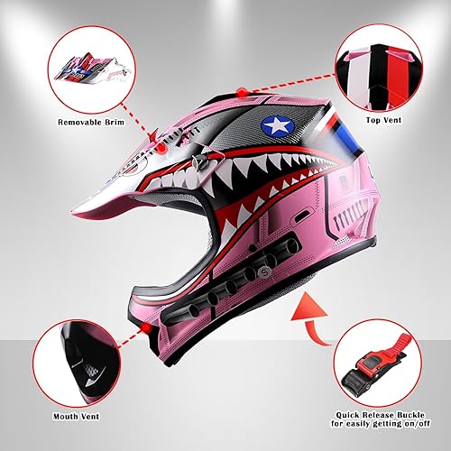 Miniatura 3 de 1Storm Casco de motocross juvenil para niños, casco de motocicleta rosa tiburón + gafas + guante rosa juvenil MG