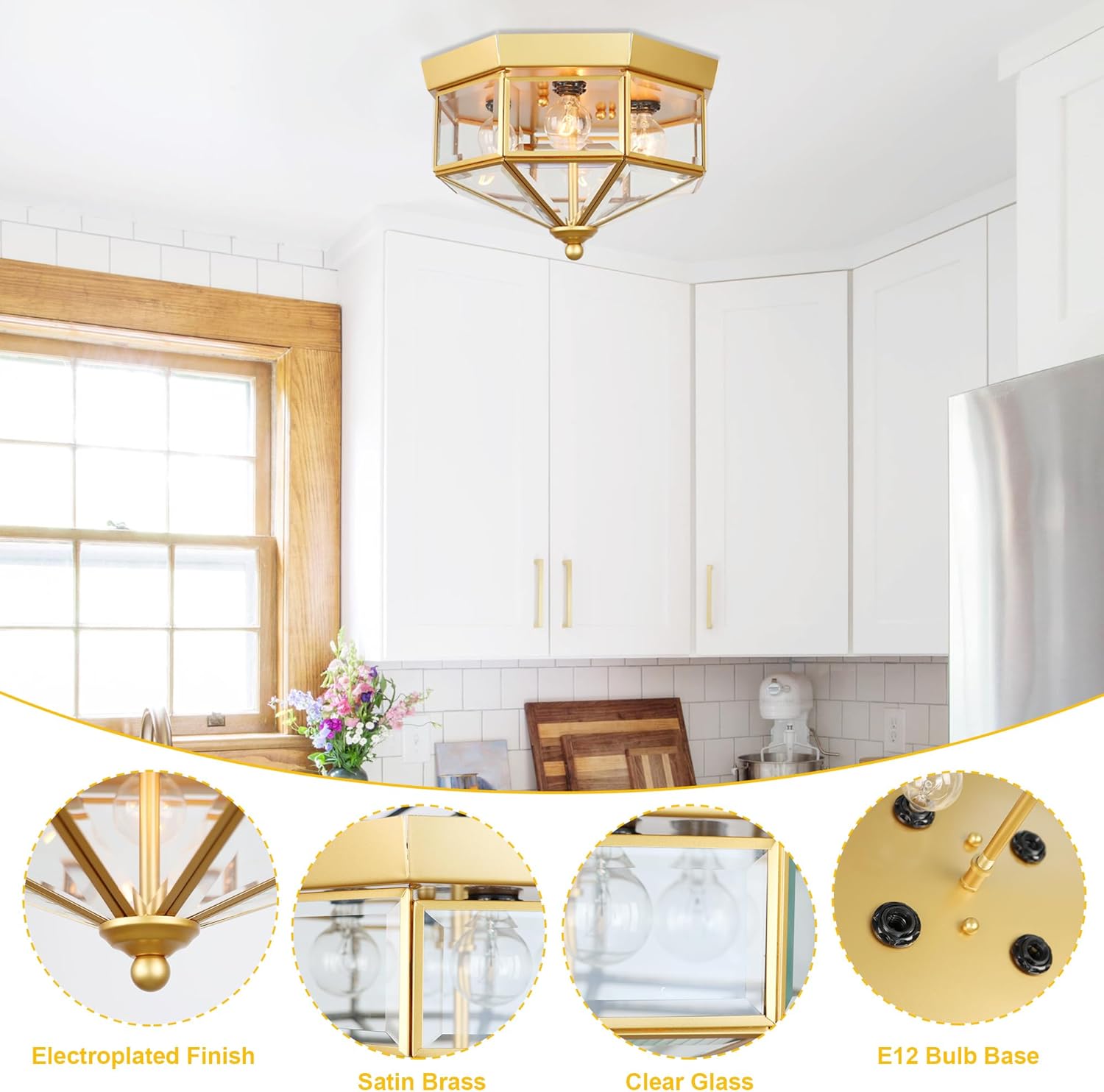 Flush Mount Outdoor Ceiling Light Fixture, 4 Light Exterior Porch Ceiling Lights with Clear Glass, Gold Farmhouse Lighting for Indoor Hallway Kitchen Stairway
