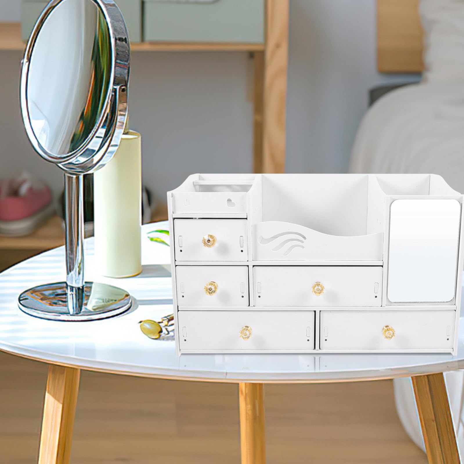 Organizer Trucchi da Tavolo con Cassetti, Capienza Grande, Bianco | Pvc e Pannello Legno-plastica, Uso Desktop e Categorizzazione, Cofanetto Porta Cosmetici Semplice