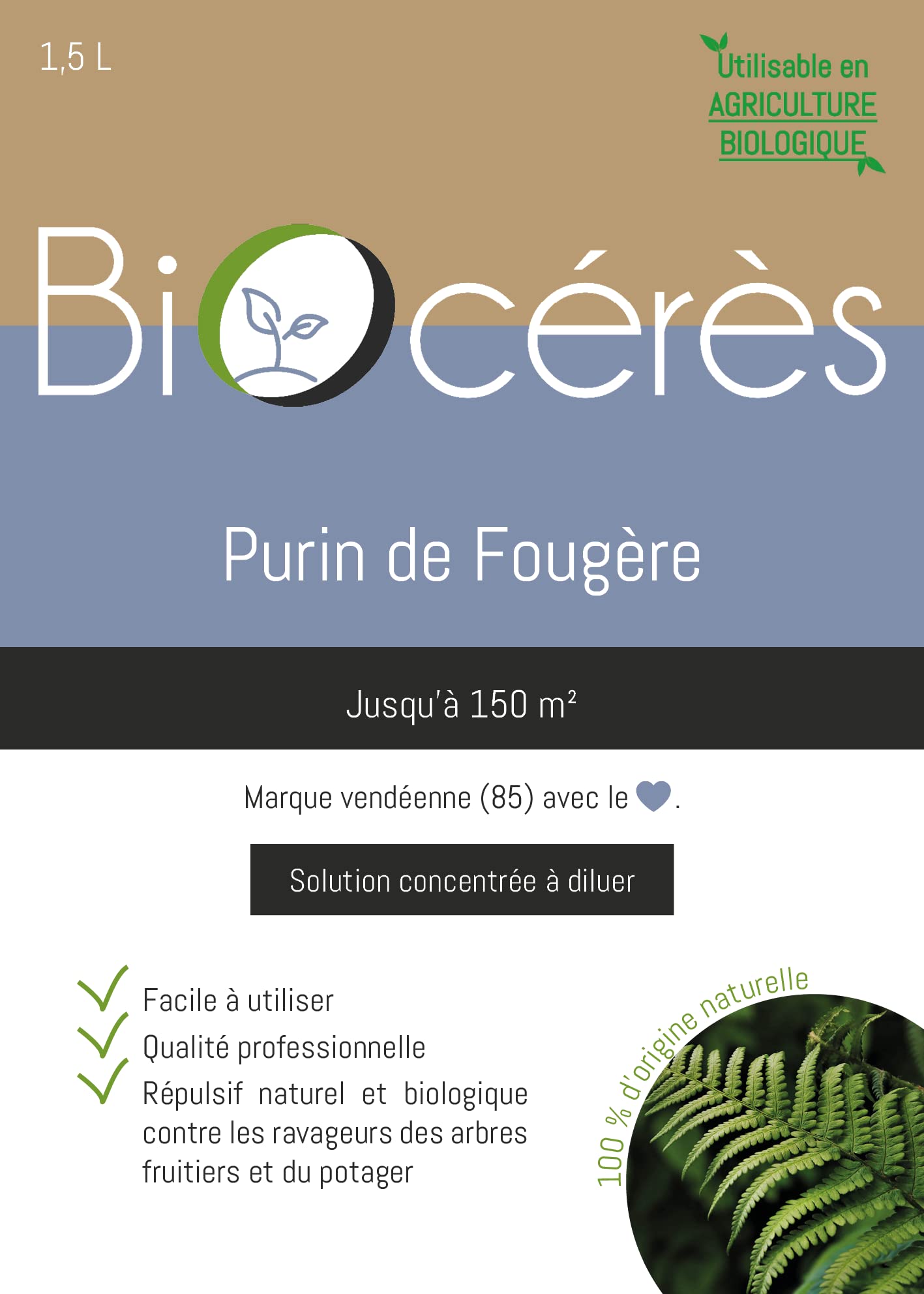 Purin de Fougère concentré à diluer – 1,5 L – Répulsif naturel et biologique contre les ravageurs des arbres fruitiers et du potager, 100% Naturel et Utilisable en Agriculture Biologique