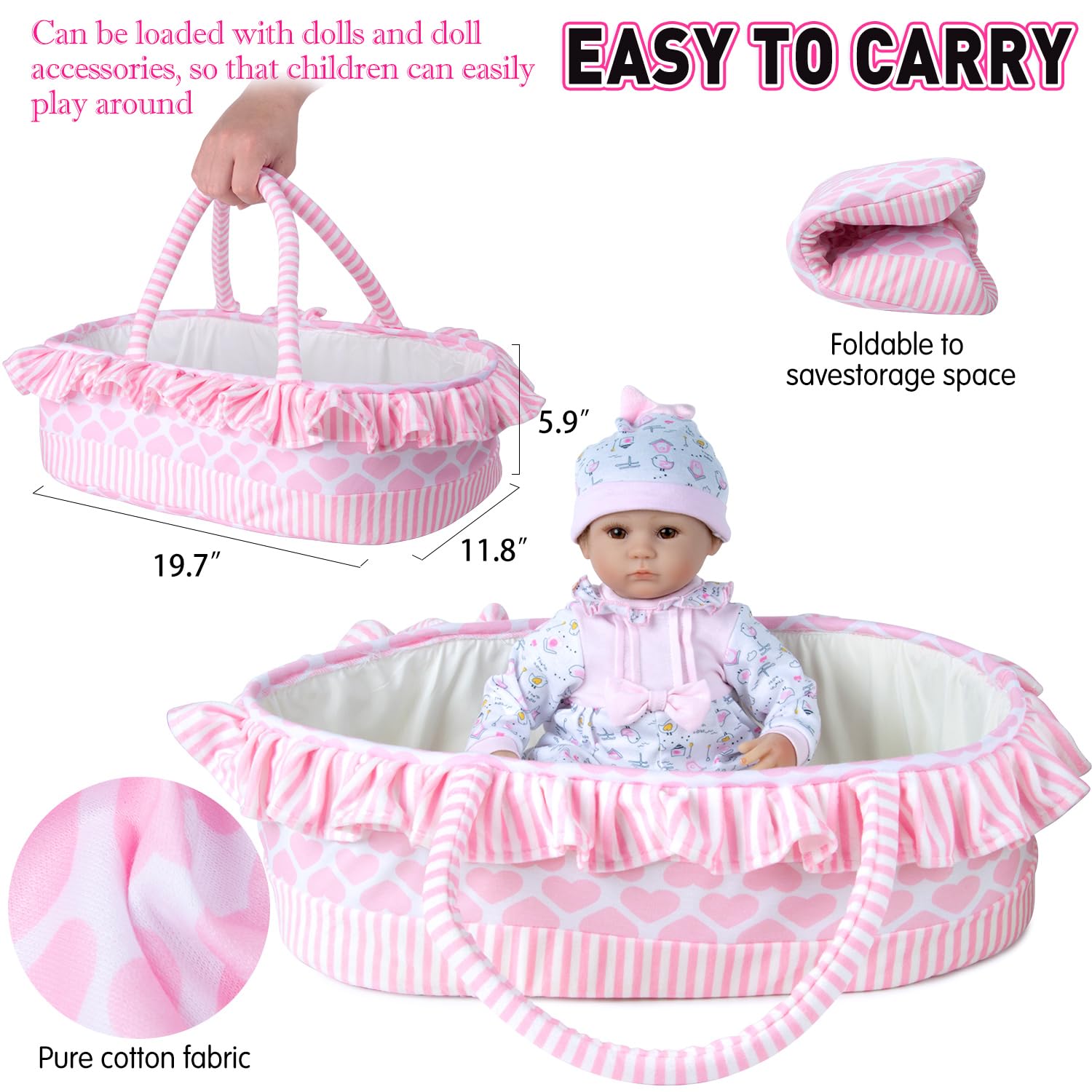 PEDOLLTREE - 11pcs Reborn Baby Doll Kleidung für Mädchen, rosa Mädchen Outfit Zubehör für 40,6–45,7 cm Puppe, Neugeborenes Mädchen mit rosa Herz Krippe