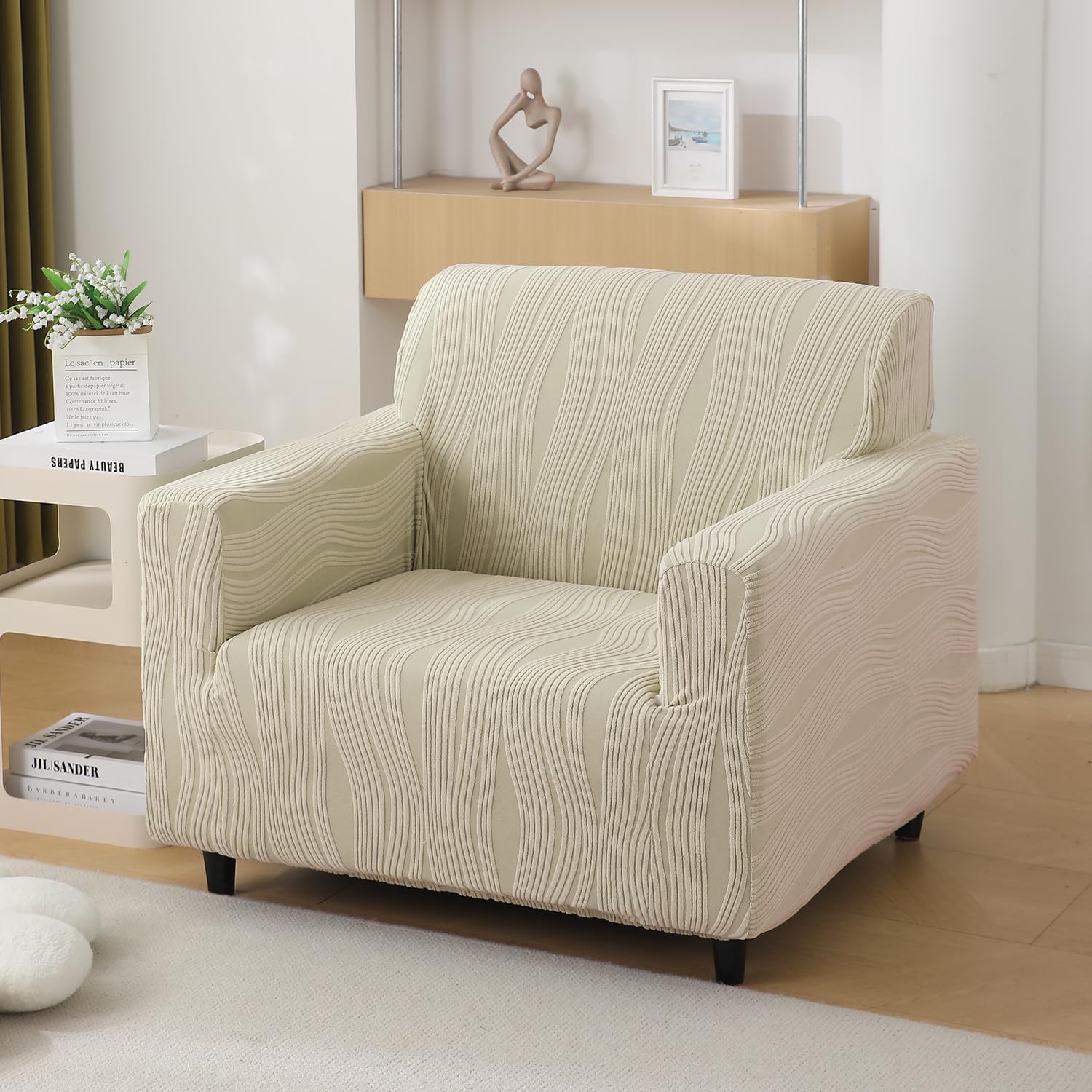 HOKIPO 200gsm Knitting Jacquard Sofa Cover 1 Seater Fully Covered, Skimmed Cream (NEW-5307-CRM)