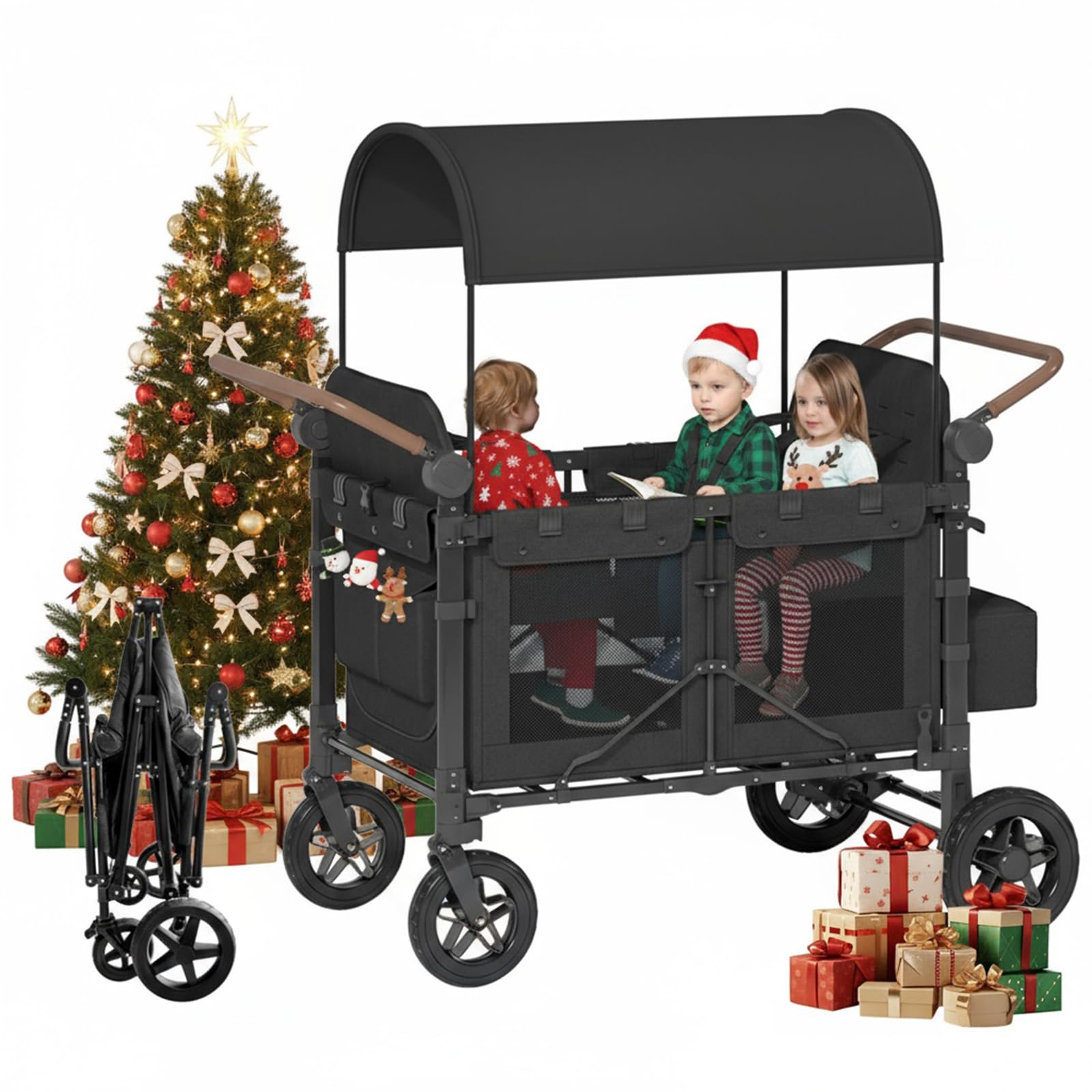 Muhub 4 Seater Wagon Stroller,Foldable Stroller with Safety Belt, Puncture-Proof Tires, All-Terrain Wagon with 360° Swivel Lockable Wheels, Large
