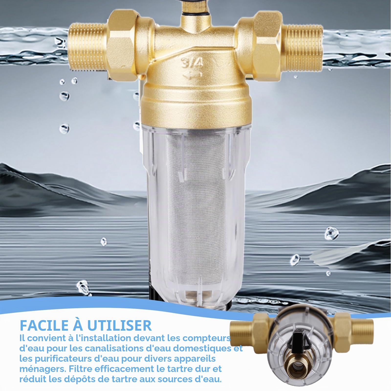 Filtre à eau réutilisable : filtre à eau de 2,5 cm, filtre à eau, pré-filtre à sédiments, combinaison de filtres avec adaptateur 3/4", pré-filtre lavable pour raccordement à la maison de la