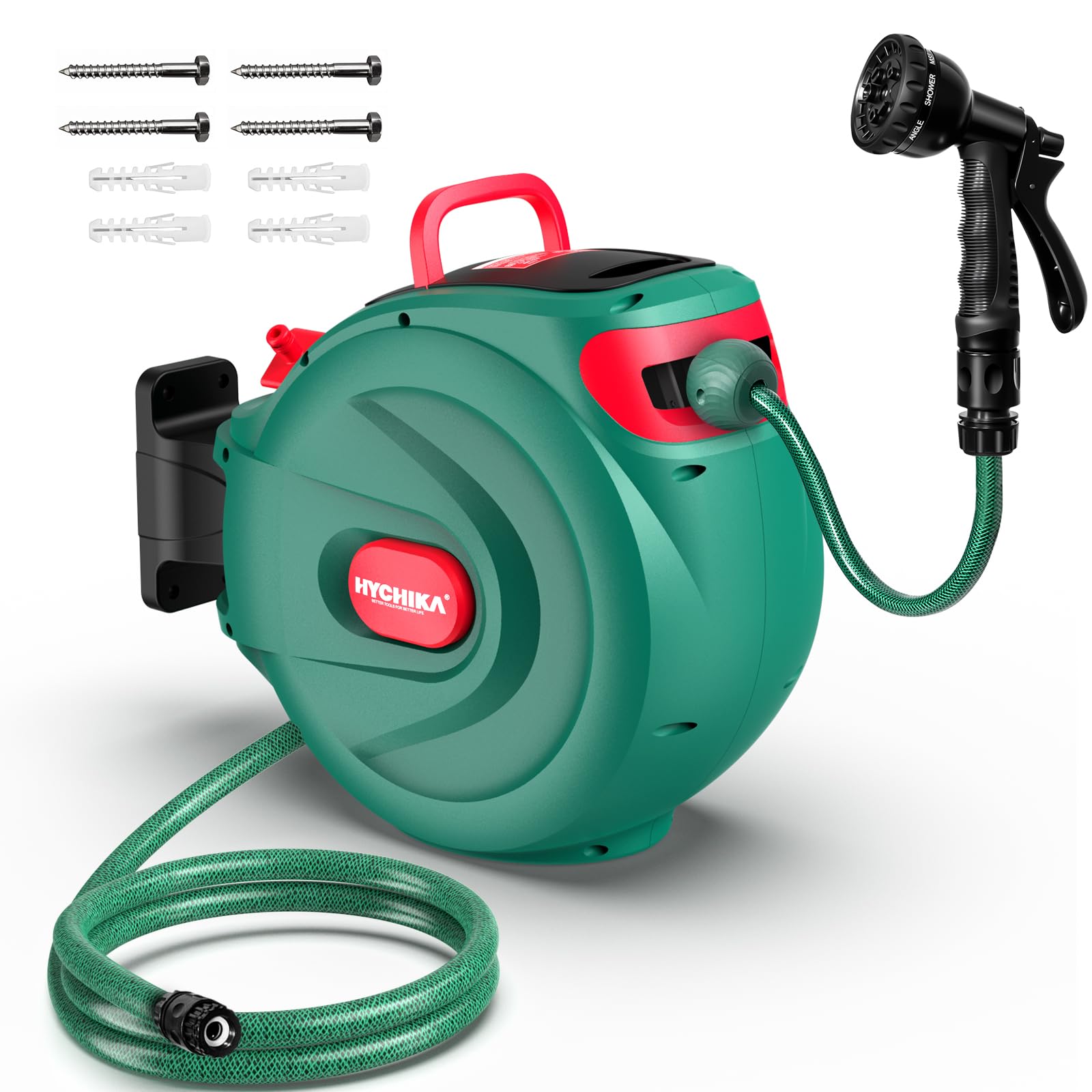 HICHIKA Enrouleur de Tuyau d'Arrosage 20m – Enrouleur Extensible Murale pour Jardin avec Verrouillage et Enroulement Automatique, Buse à 8 Modes, Boîte Pivotante 180°, pour Arrosage Extérieur