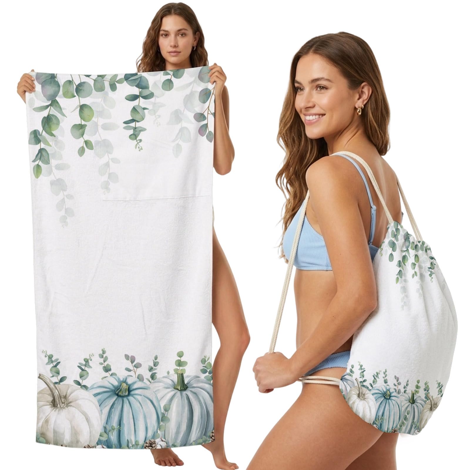 FWJZDSP 2-in-1 Beach Towel Backpack,Thanksgiving Watercolor Fall Pumpkin Bath Towel with Built-in Storage Eucalyptus Leaves Convertible Foldable Beach Blanket for Travel Pool Gym Camping Swim,31x63in