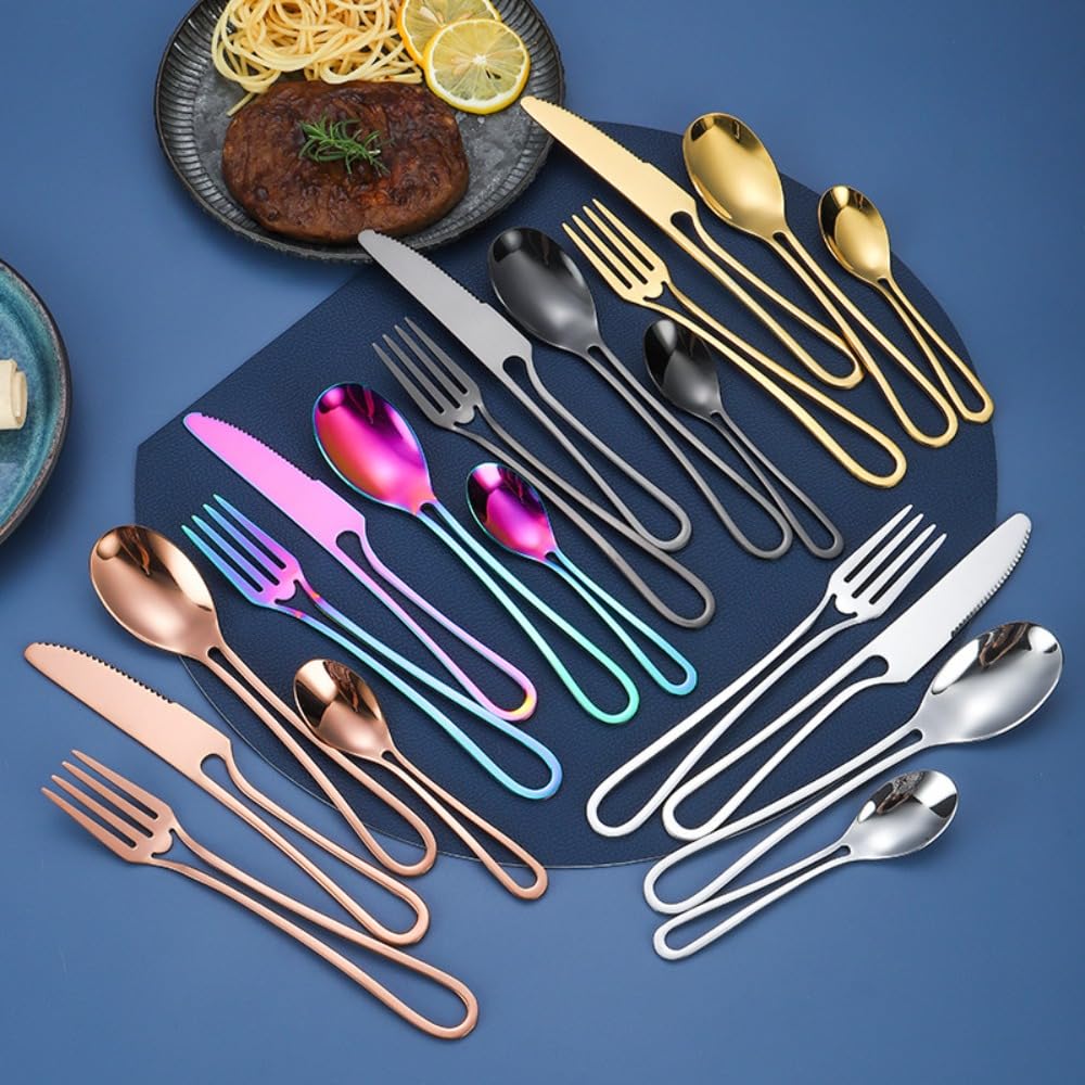Manico Cavo Cucina in Acciaio Inox Argenteria Stoviglie Posate Set Posate Bistecca Coltello Forchetta Cucchiaio Cucchiaino (Argento,16 pezzi)