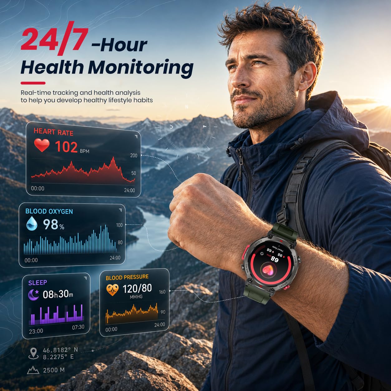 Orologio Smartwatch Uomo con GPS Sport: 1.46" Rotondo Orologi Intelligente con Chiamate Bluetooth Fitness Smart Watch LED Flashlight Monitoraggio Sonno IP68 Impermeabile Compatibile con iOS Android