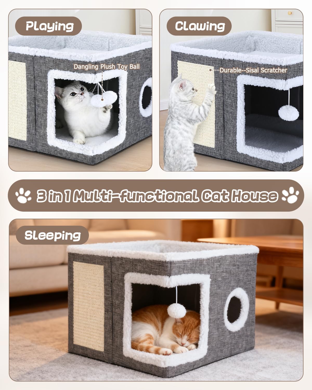 Cuccia per gatti per interni, pieghevole, cuccia per gatti, lavabile, con una palla giocattolo appesa, un tagliere per gatti, adatto per animali domestici di piccole e medie dimensioni, 41 x 41 x 32