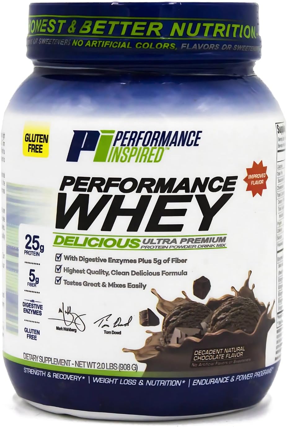 Performance Inspired Nutrition WHEY Protein Powder - All Natural - 25G - Contains BCAAs - Digestive Enzymes - Fiber Packed - Decadent Natural Chocolate – 2 Pounds