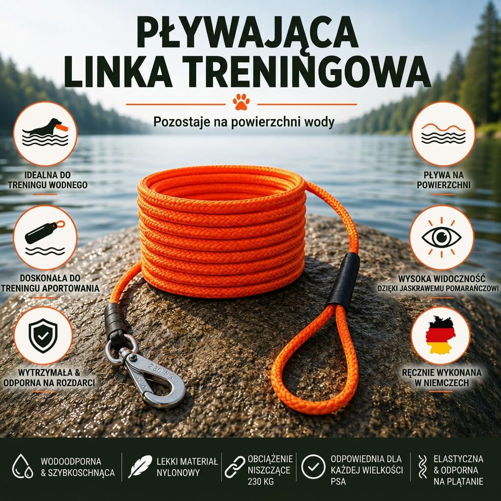 Pływająca smycz dla psów – wytrzymała smycz treningowa z paskiem na rękę i dobrze widocznym kolorem sygnałowym, trwała i elastyczna – idealna do treningu przywołania, gier wodnych i wolnego biegu (15