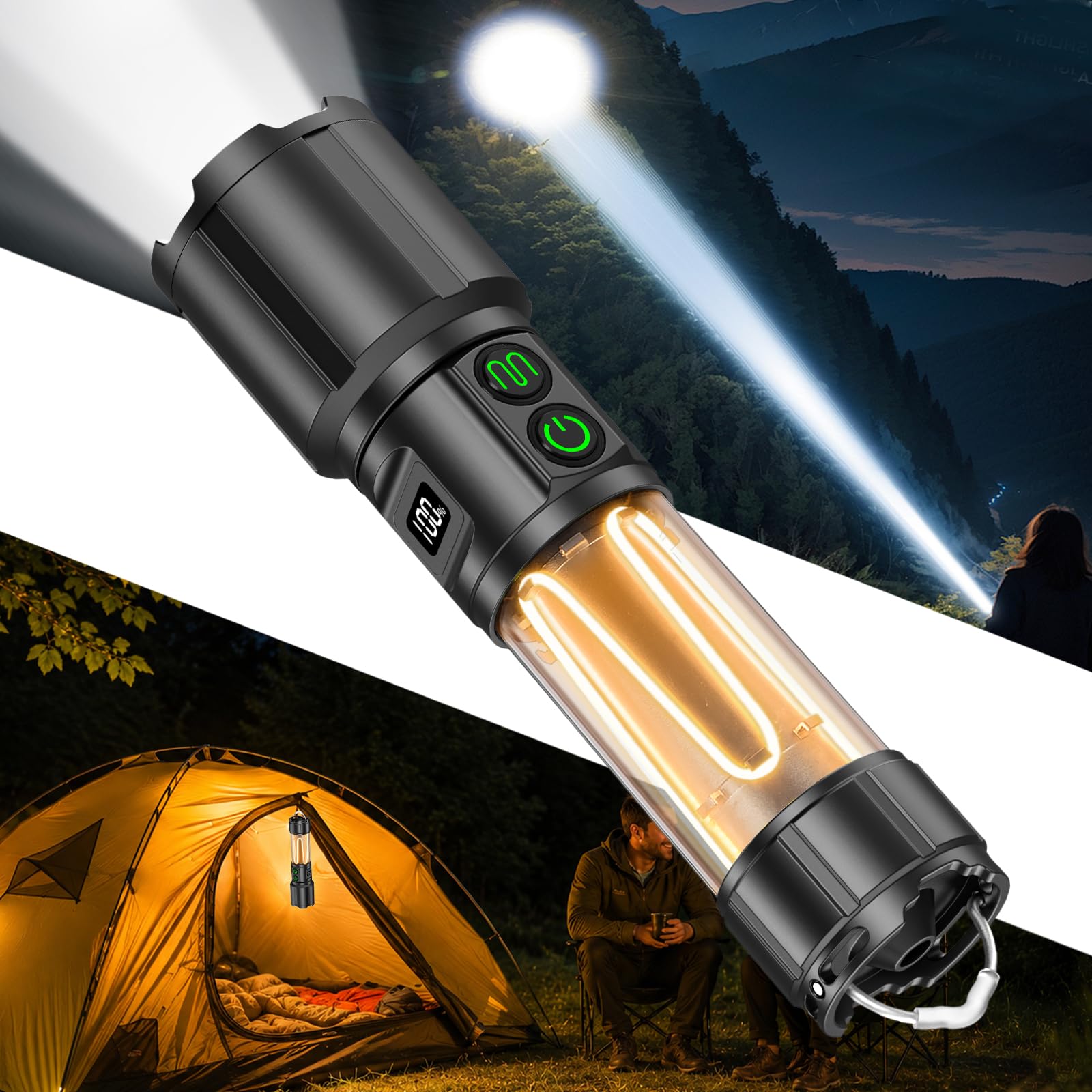 BEYSTE LED/Camping Torch 2-in-1 Torch Rechargeable with 2 Switch | 1,000,000 Lumen Torches Led Super Bright with Camping Light, 9 Modes, Stepless Dimming for Outdoor/Dog Walking/Emergency/Hiking/Gift