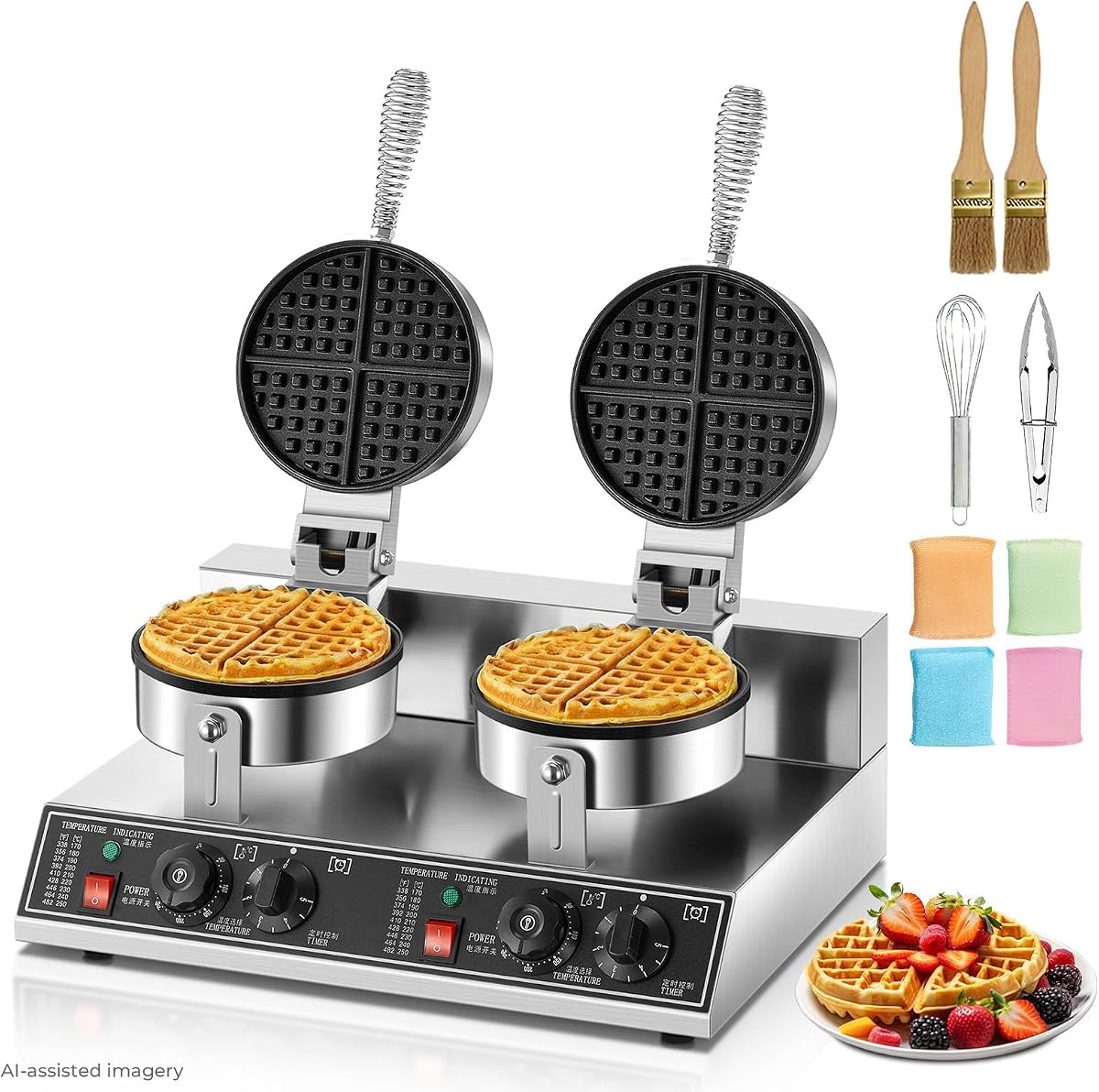 FOHERE 2400W Waffle Maker, Double-Head Waffle Machine, Non-Stick Stainless Steel Waffle Iron with Temp & Time Control, for Restaurants & Cafe