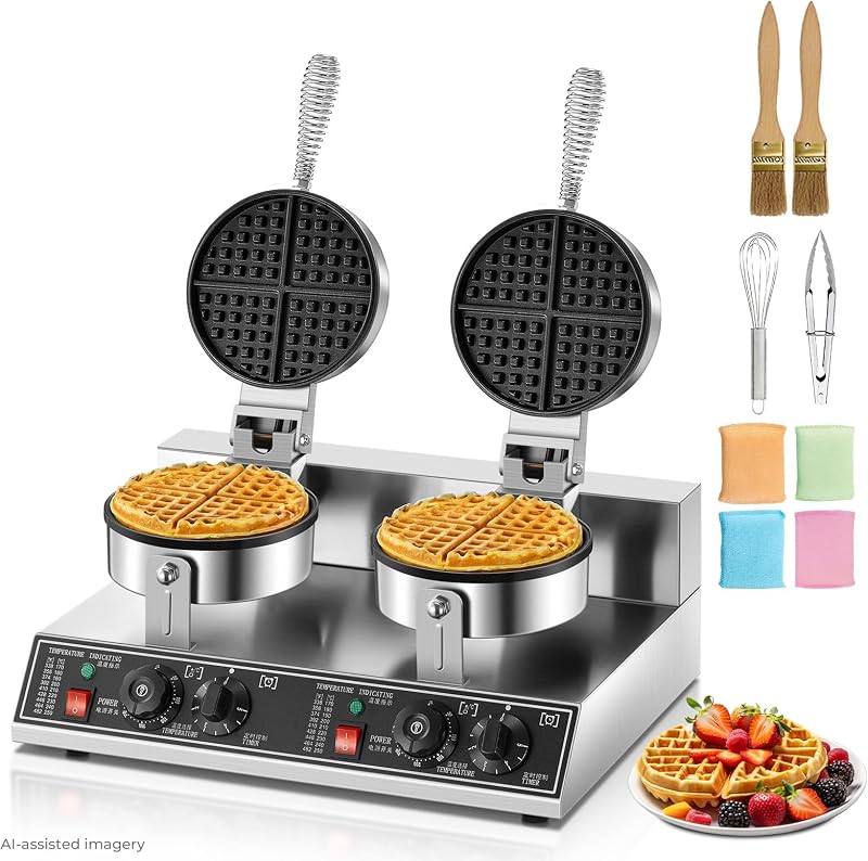 FOHERE 2400W Waffle Maker, Double-Head Waffle Machine, Non-Stick Stainless Steel Waffle Iron with Temp & Time Control, for Restaurants & Cafe