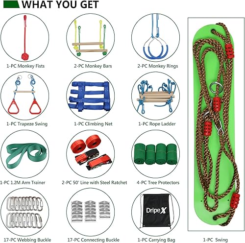 Miniatura 7 de Carrera de obstáculos ninja warrior para niños - 2 x 50 eslinga doble con accesorios completos para niños columpio trapecio escalera de cuerda red