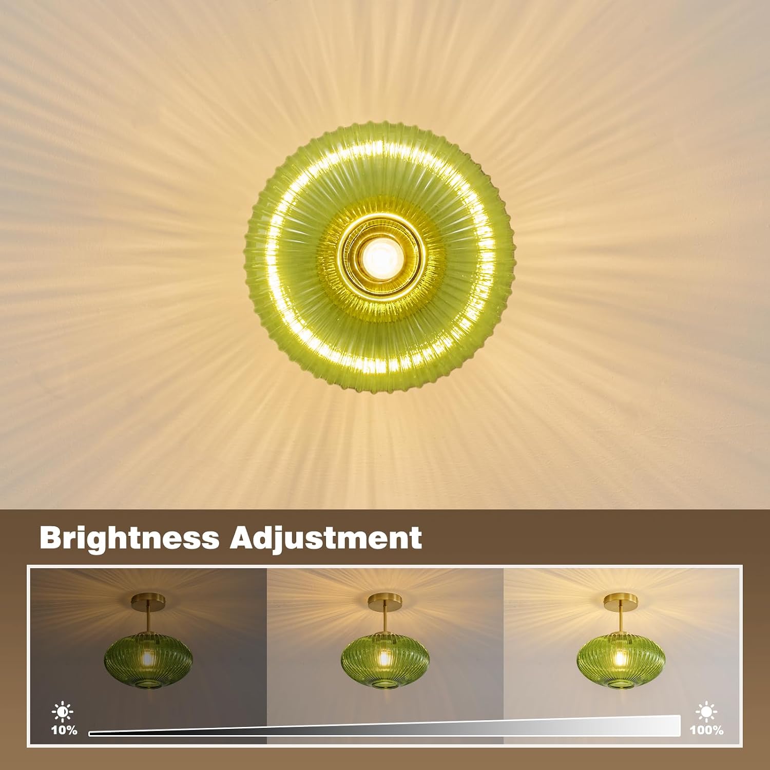 Green Ribbed Glass Ceiling Light: 11.8" Vintage Semi Flush Mount Ceiling Lights - Mid Century Modern Brass Light Fixture - Minimalist Drum Decorative Lighting Fixtures for Bedroom Living Room Entryway