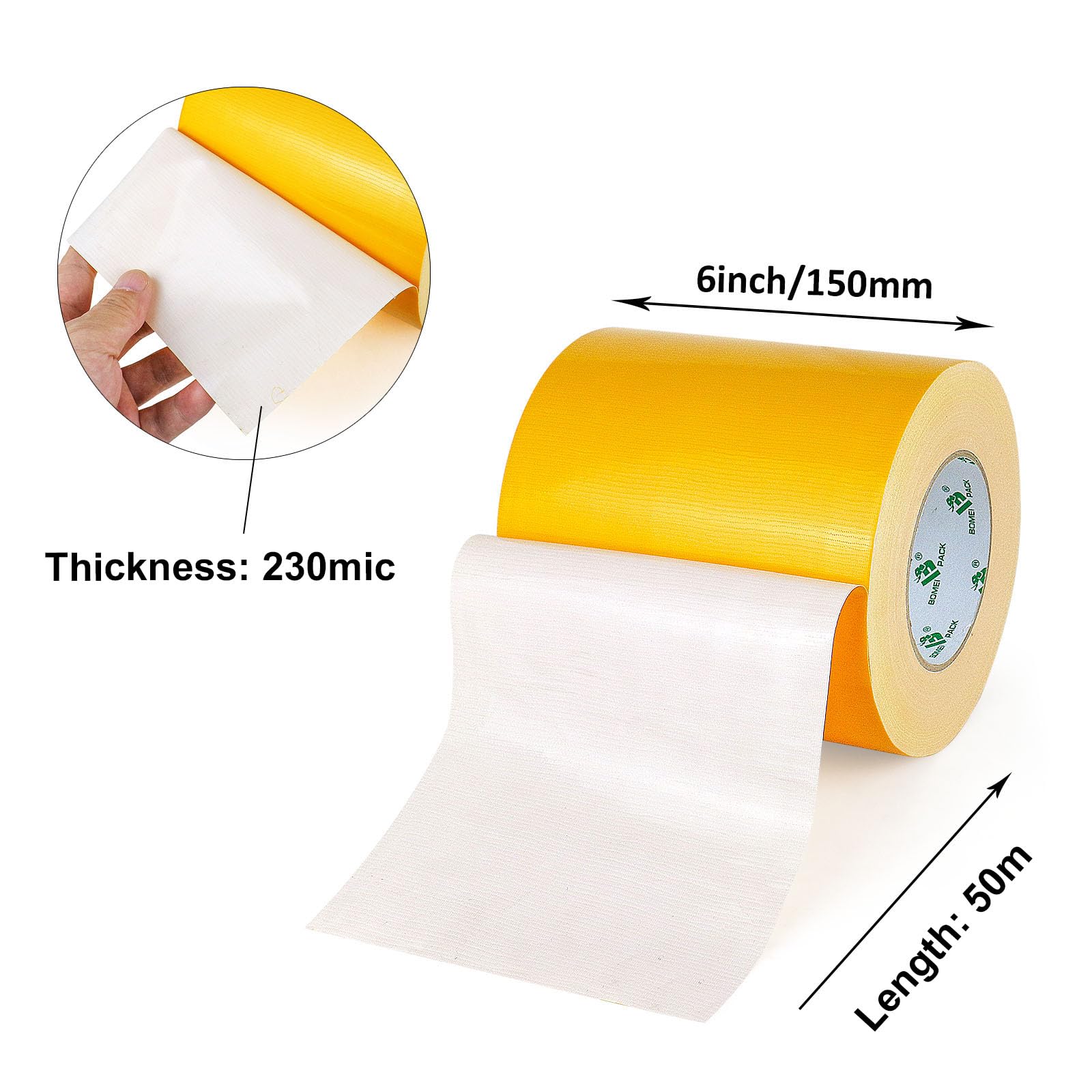 BOMEI PACK Cinta adhesiva de tela amarilla de 150 mm x 50 m, reforzada, resistente al agua, cinta adhesiva resistente para fijar reparaciones, cajas de etiquetado de manualidades, sellado y flejes