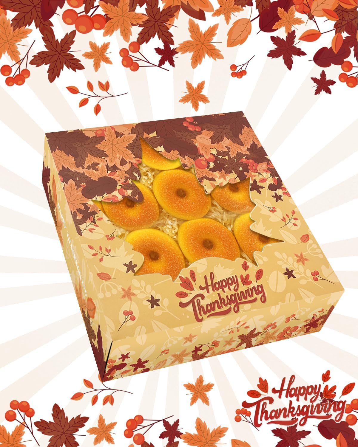 qiqee Thanksgiving Auto-pop Up 30pcs Pie Box With Window 9x9x2.5 Inch Donut Pastry Boxes Pumkin Leaves Bakery Box