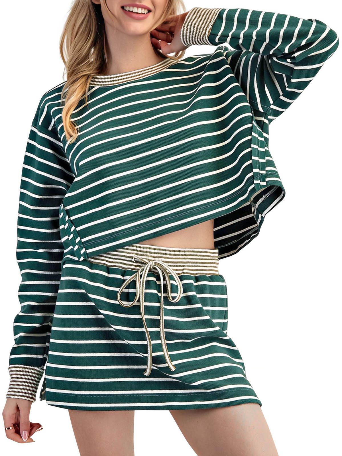 Fisoew 2-teiliges Damen-Outfit, gestreift, langärmelig, bauchfreies