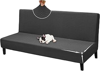 ZNSAYOTX Armless Futon Cover Super Stretch (67"-82") Jacquard Futon Sofa Bed Slipcover with Non-Slip Elastic Bottom, Universal Sofa Mattress Covers Full Queen Size (Soft Durable Washable, Black)