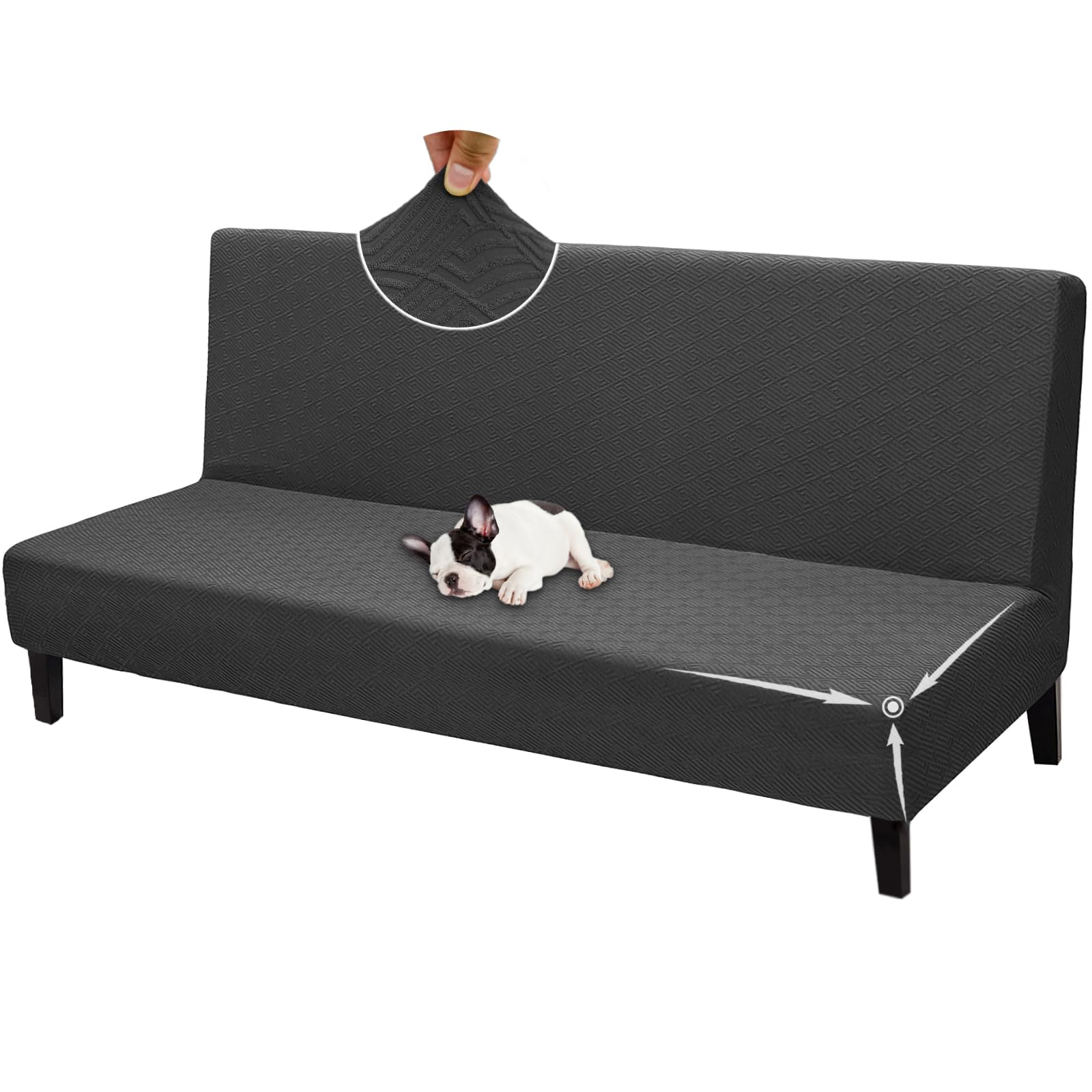 ZNSAYOTX Armless Futon Cover Super Stretch (67"-82") Jacquard Futon Sofa Bed Slipcover with Non-Slip Elastic Bottom, Universal Sofa Mattress Covers Full Queen Size (Soft Durable Washable, Black)