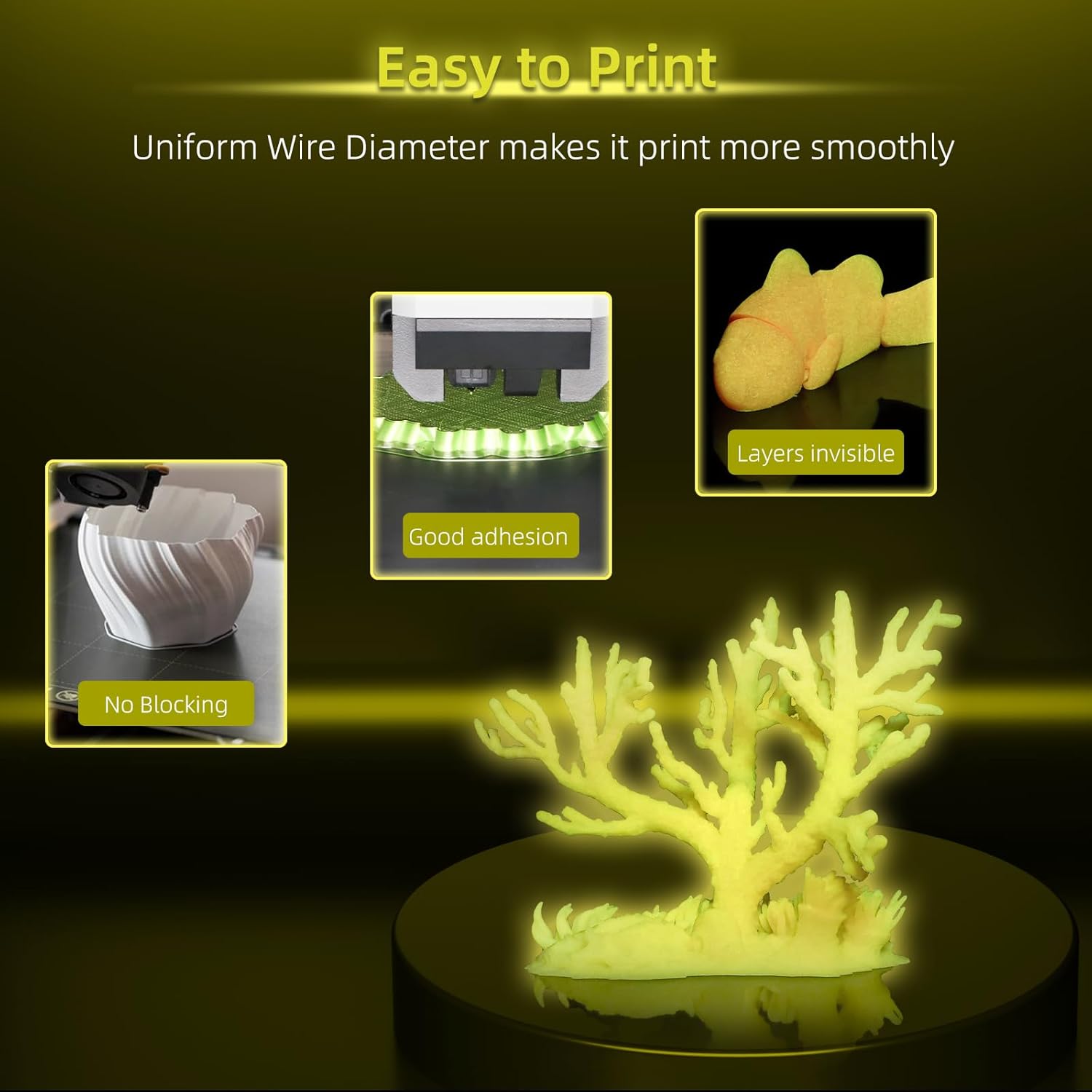 3DHoJor PLA Glow in The Dark Filament 1.75mm 1Kg, 3D Printing Luminous Filament 1.75mm Dimensional Accuracy +/- 0.03mm, Fit Most FDM 3D Printers-Glow Yellow