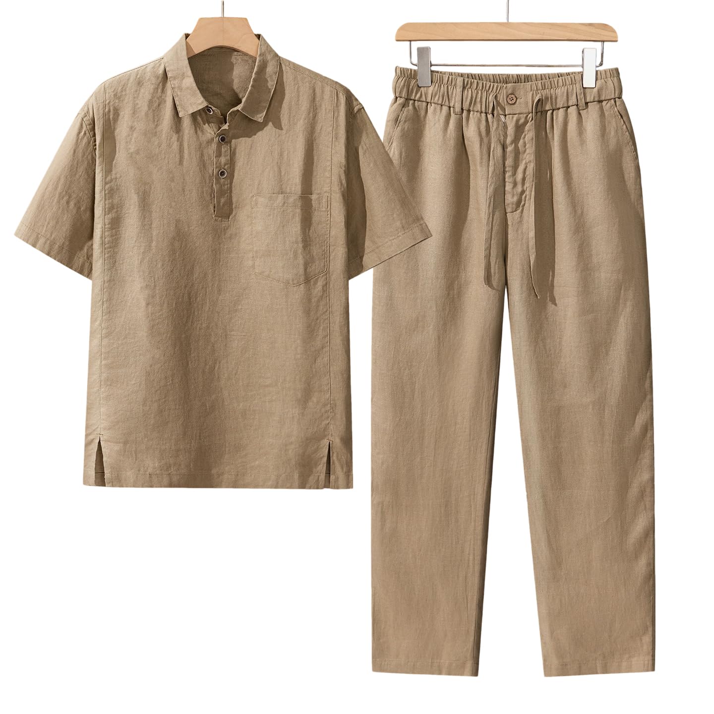 Set da 2 pezzi da uomo in lino con maglia e pantaloni larghi | Abbottonatura Henley, maniche corte, coulisse in vita, pantaloni a gamba dritta