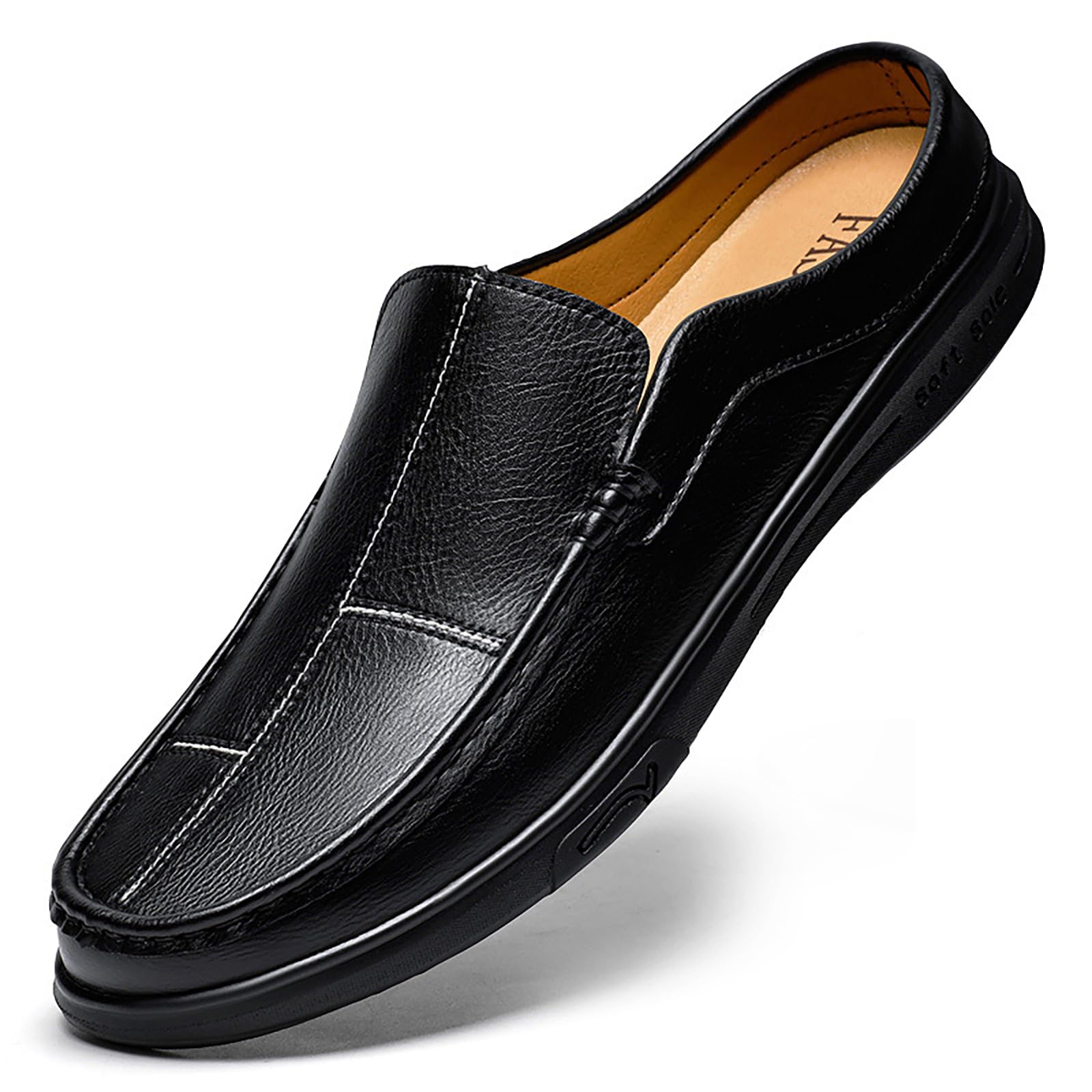 Photo 1 of NENGMAON Men's Flat Leather Mules Comfortable Slip On Loafer Slippers Lightweight Breathable Dress Backless Half Shoes for Causal Work Driving Office (Black,9)