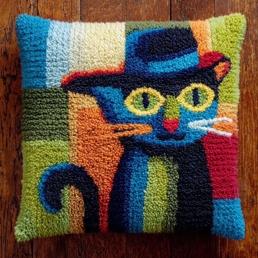 AxiangziK Latch Hook Cushion Kit 43x43cm,Cat Wearing a hat
