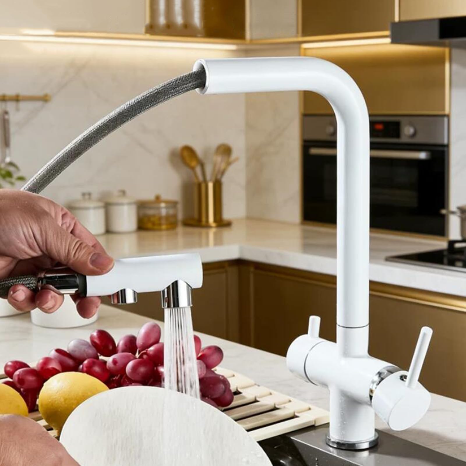 ZYCHSJXA 3 Way Pull Out Kitchen Tap White Brass-White