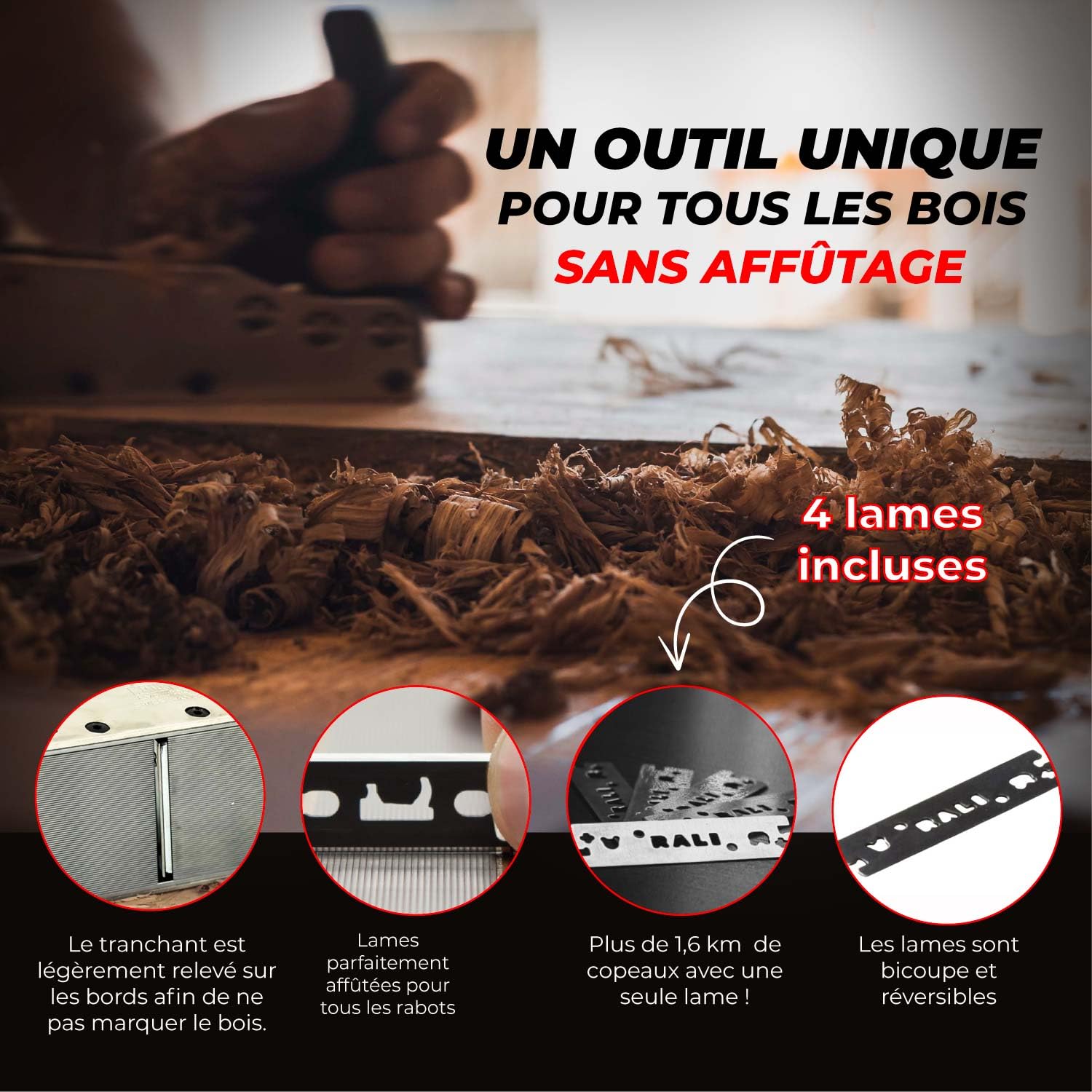 RALI 260 EVOLUTION N: Rabot à main Sans Affutage avec 4 Lames Réversibles et 3 Réglages rapides: Profondeur de coupe, contrefer et lumière | Rabot bois professionnel Suisse pour Menuisier