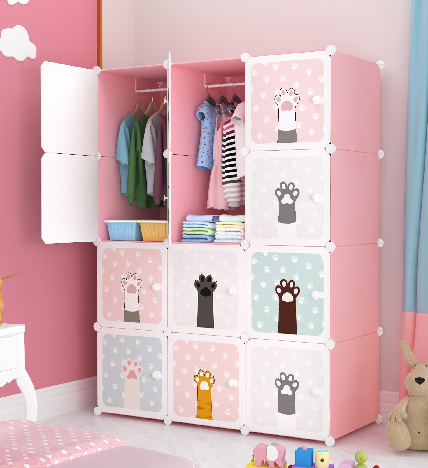 Sunderlook Plastic Wardrobe for Kids Clothes – Collapsible Wardrobe, Easy to Use Anti-Skid & Non-Slip Effective Professional Foldable Plastic Cupboard for Kids, Home (Pink-KTN1, 12 Door)