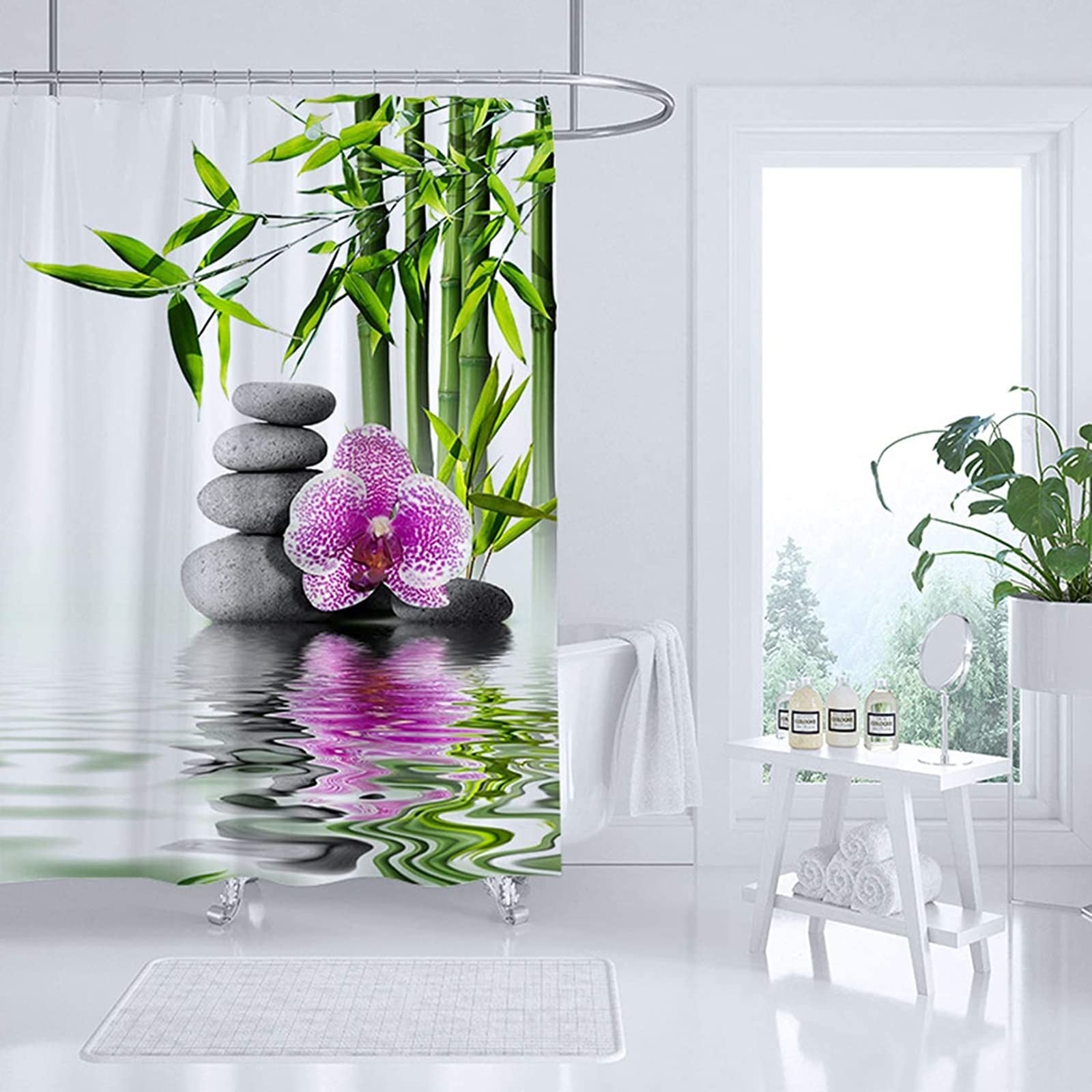 AMDXD White Shower Curtain with Hook Bamboo Flower Pink Shower Curtain, Anti-Mould Fabric Shower Curtain 120 x 180 cm - Image 3